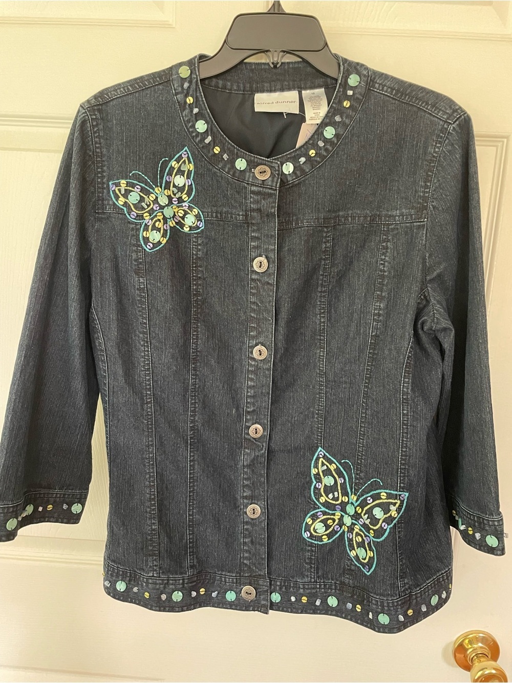 Alfred Dunner Dark Blue Denim Jacket with Aqua & Lime Butterfly Embroidery Sz 12